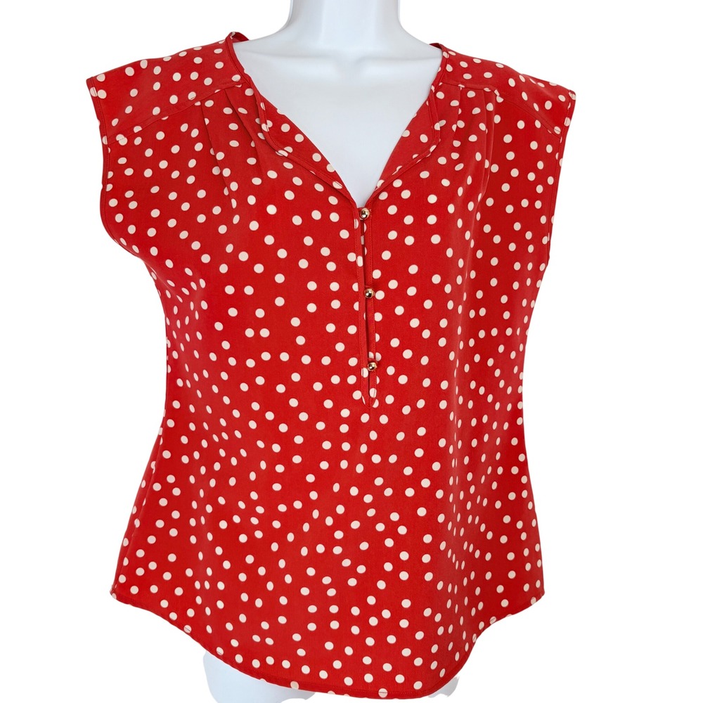 The Limited Red Polka Dot Sleeveless Blouse Gold Button Split Neck Womens Medium